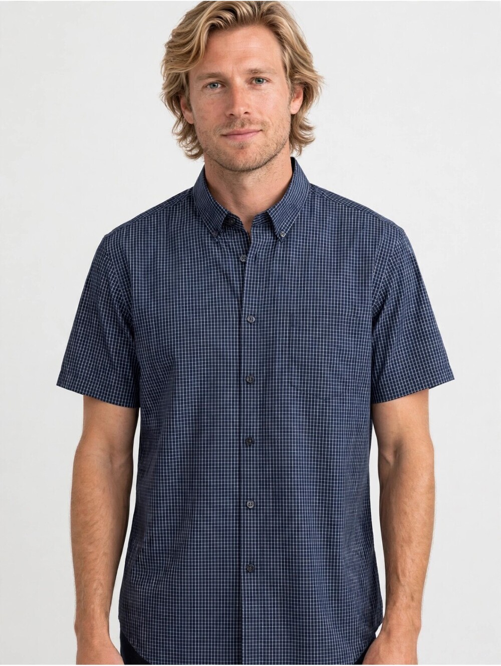 Van Heusen Men's Navy Blue Grid Check Short Sleeve Button Down Shirt L